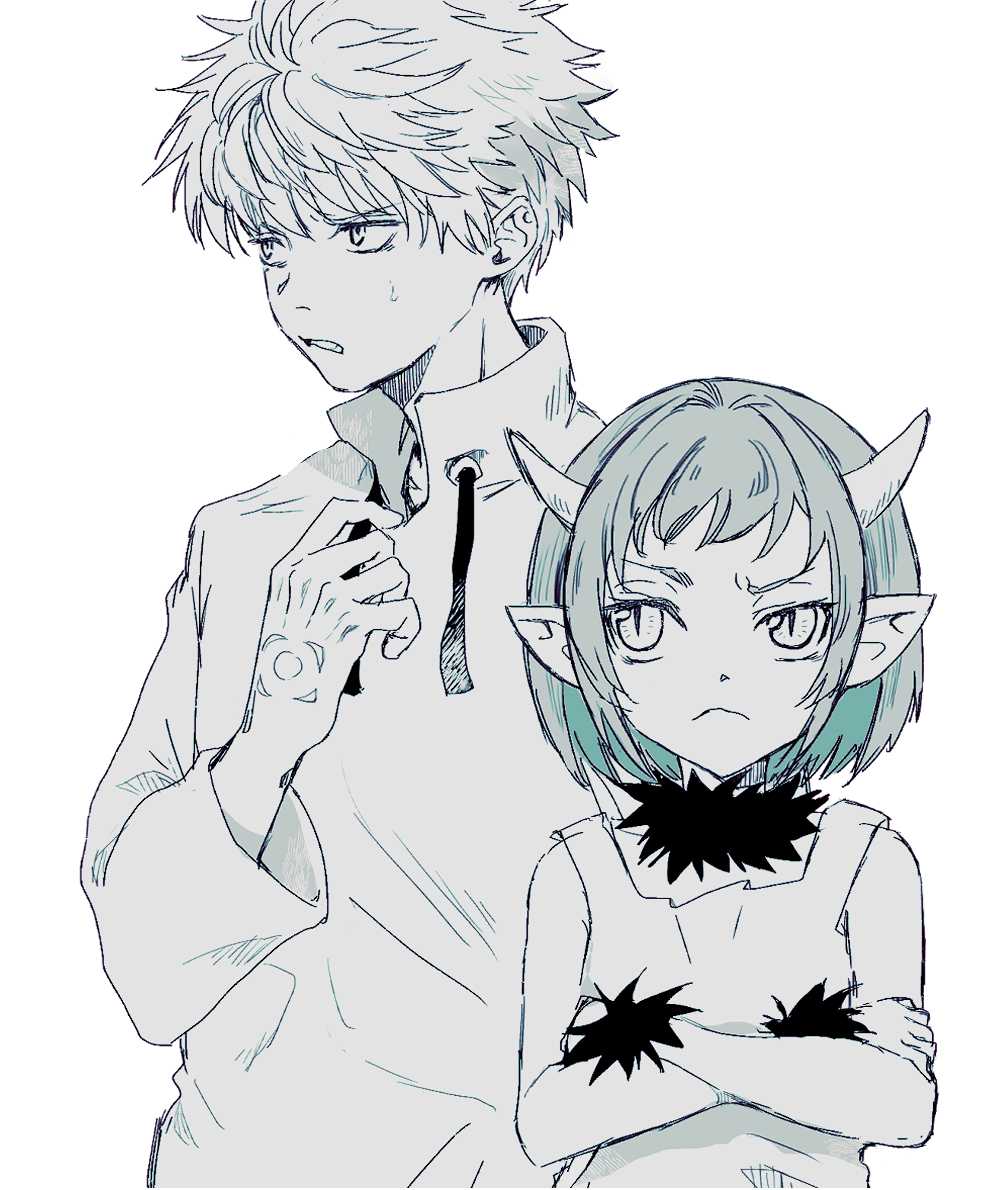 1boy, 1girl, corleo_(mamayuyu), crossed_arms, demon_girl, frown, greyscale, horns