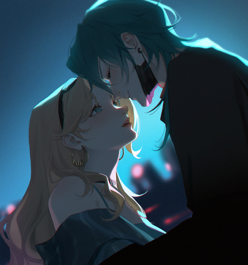 1boy, 1girl, absurdres, asami_okutoshioku, bare_shoulders, black_choker, black_shirt, blonde_hair, blue_eyes, blush, choker, closed_eyes, couple, earrings, ezreal, green_hair, hairband, heartsteel_(league_of_legends), heartsteel_ezreal, hetero, highres, jewelry, league_of_legends, long_hair, looking_at_another, lux_(league_of_legends), night, official_alternate_hair_color, outdoors, parted_lips, shirt, short_hair, smile