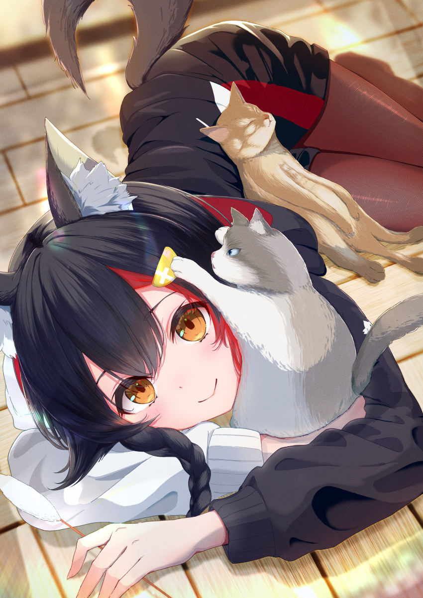 1girl, absurdres, animal_ear_fluff, animal_ears, black_hair, black_hoodie, black_pantyhose, black_shorts