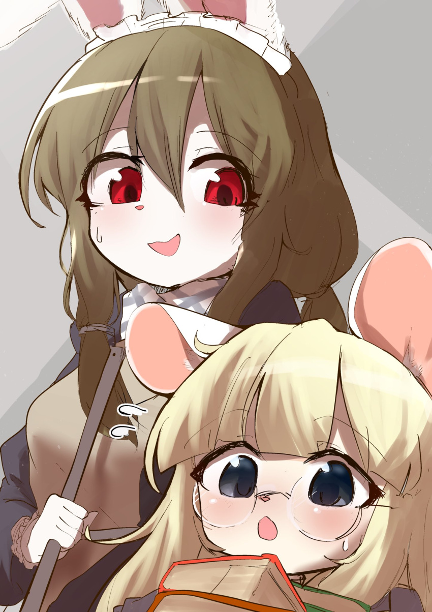 2girls, animal_ears, apron, blonde_hair, book, book_stack, broom, brown_hair