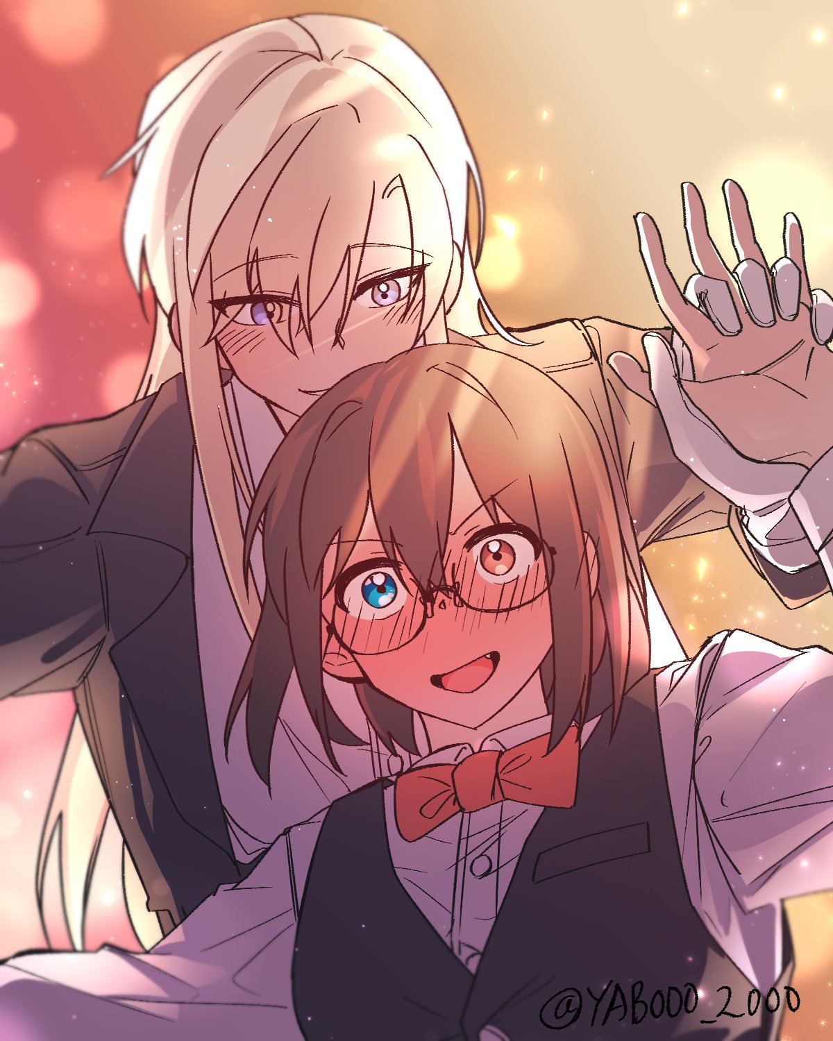 alternate_costume, blonde_hair, blush, brown_hair, fang, heterochromia, highres, holding_hands