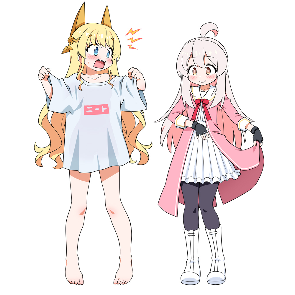 2girls, ahoge, akou_roushi, barefoot, blonde_hair, blue_eyes, blush, boots