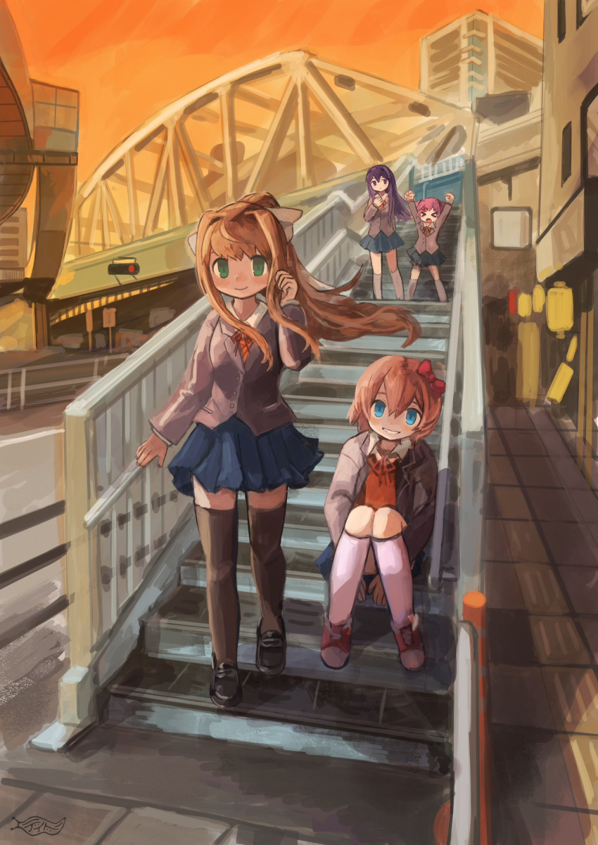 >_<, 4girls, brown_jacket, buchi0122, cityscape, doki_doki_literature_club, highres, jacket
