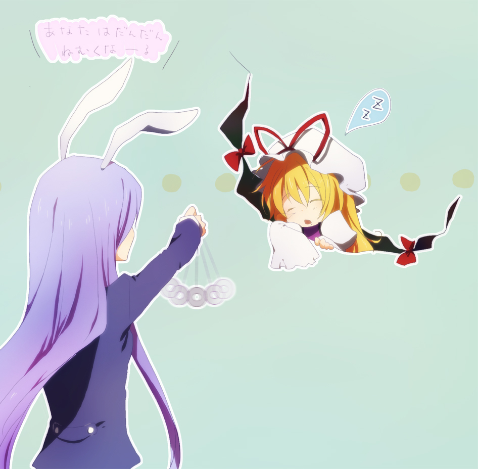 animal_ears, blue_hair, bow, bunny_ears, closed_eyes, gap, hat, hat_ribbon