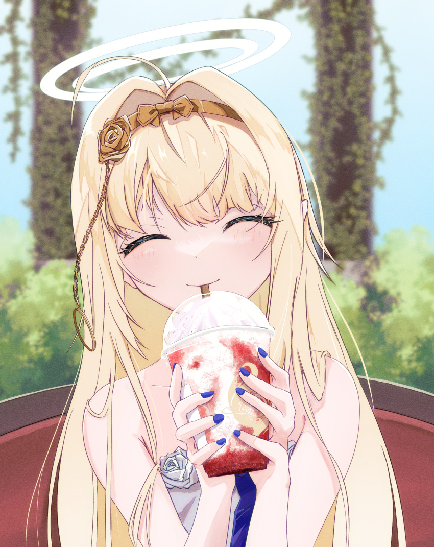 1girl, absurdres, aot_kwc, bare_shoulders, blonde_hair, blue_nails, blurry, blurry_background