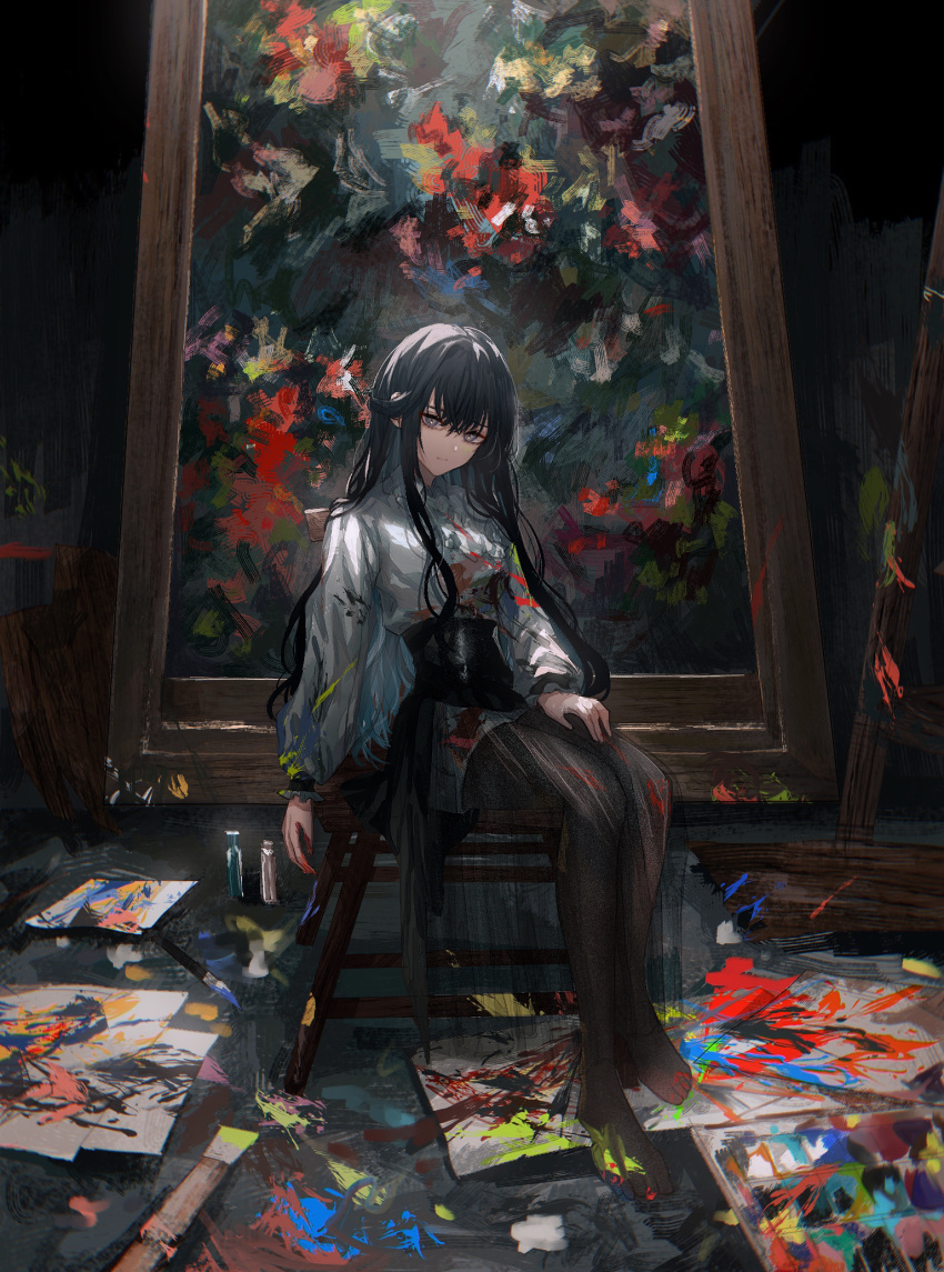 1girl, asano_(kazusasn), barefoot, black_hair, blue_hair, canvas_(object), colored_inner_hair, expressionless