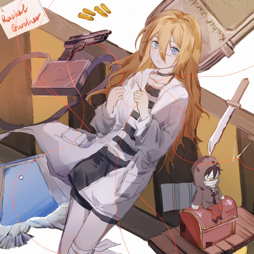 1girl, bag, bandage_on_knee, black_choker, black_shirt, black_shorts, blue_eyes, bullet