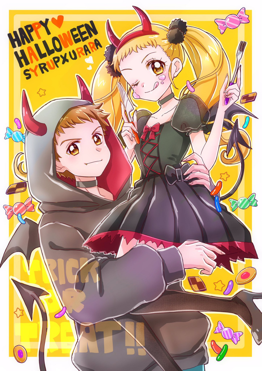 1boy, 1girl, :q, black_choker, black_dress, black_footwear, black_hoodie, black_scrunchie, black_thighhighs, black_wings, blonde_hair, brown_eyes, brown_hair, candy, character_name, choker, commentary, demon_horns, demon_tail, demon_wings, dress, fake_horns, fake_tail, fang, food, food_on_face, fork, hair_ornament, hair_scrunchie, happy_halloween, hetero, high_heels, highres, holding_utensil, hood, hood_up, hoodie, horns, kasugano_urara_(yes!_precure_5), knife, lifting_person, long_hair, long_sleeves, momo02634, precure, puffy_short_sleeves, puffy_sleeves, scrunchie, short_dress, short_hair, short_sleeves, standing, syrup_(yes!_precure_5), tail, thigh-highs, tongue, tongue_out, trick_or_treat, twintails, very_short_hair, wings, yellow_eyes, yes!_precure_5, yes!_precure_5_gogo!