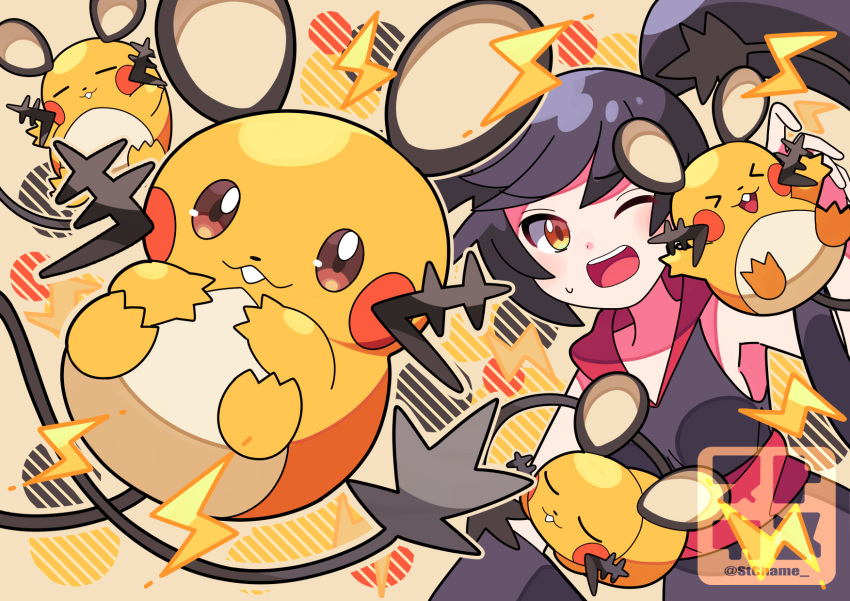 >o<, ;d, black_hair, black_kimono, dedenne, detached_sleeves, electricity, furisode_girl_(pokemon)