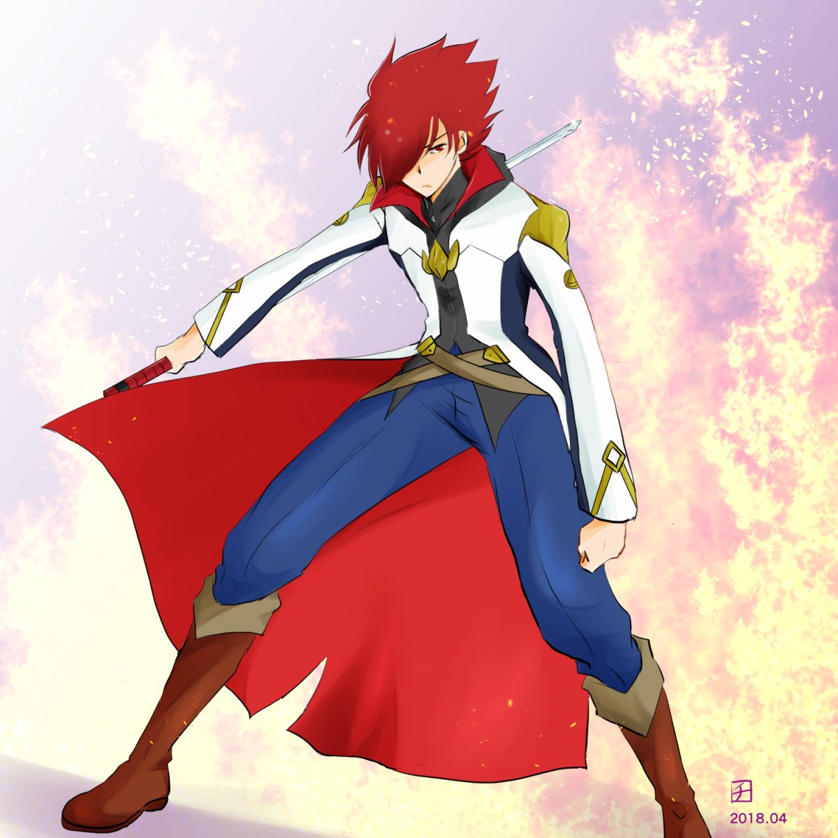 1boy, blue_pants, boots, c_oekaki3, dated, fire, garo:_honoo_no_kokuin, garo_(tokusatsu_series)
