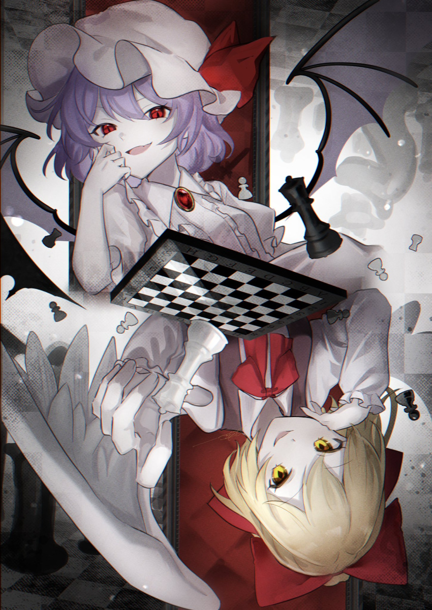 2girls, bat_wings, blonde_hair, board_game, brooch, chess, dress, gengetsu_(touhou), hat, highres, jewelry, looking_at_viewer, mob_cap, multiple_girls, puffy_short_sleeves, puffy_sleeves, purple_hair, remilia_scarlet, rokuya_(68_zusao), short_sleeves, smile, touhou, touhou_(pc-98), white_wings, wings, yellow_eyes