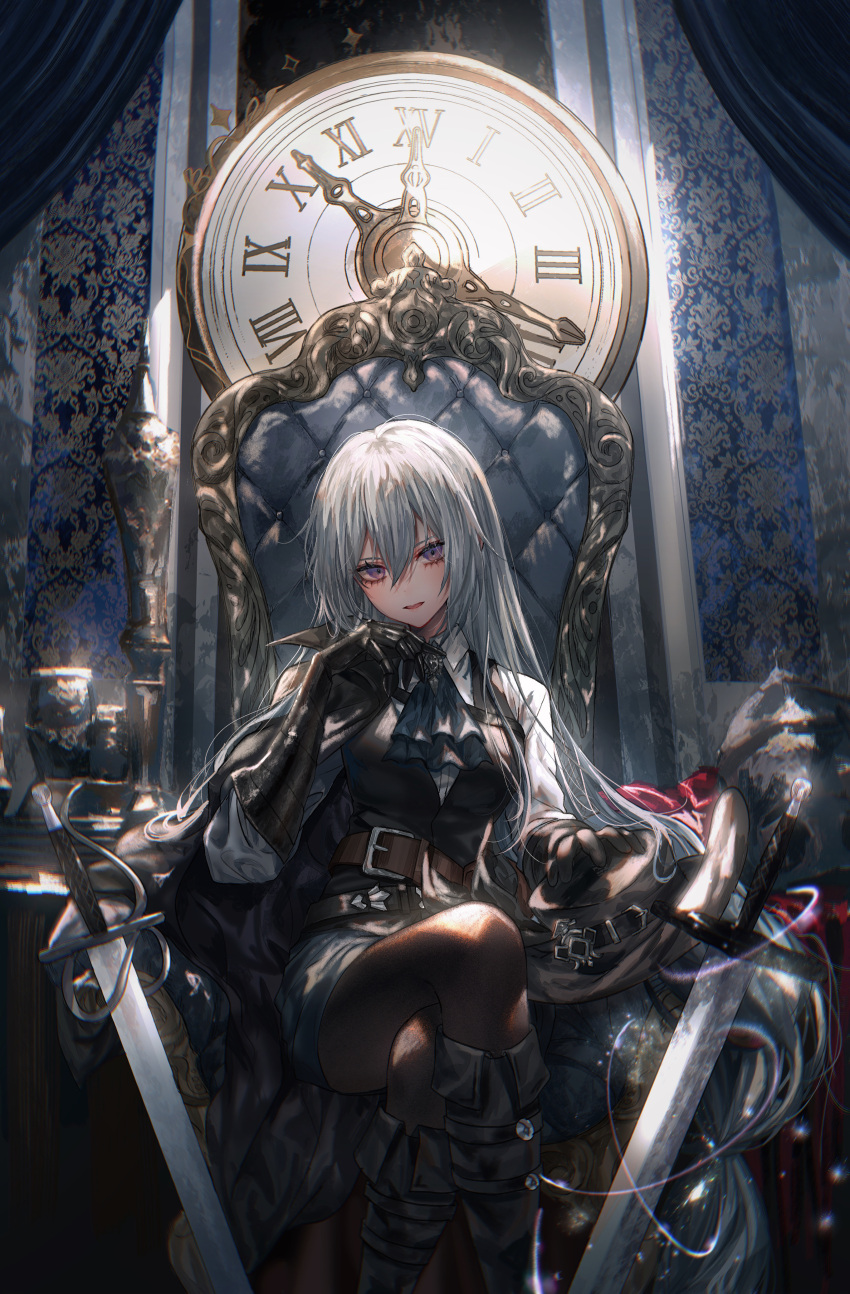 1girl, absurdres, armchair, asano_(kazusasn), ascot, black_footwear, black_gloves, black_pantyhose