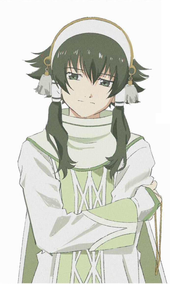 1boy, :i, closed_mouth, crossed_arms, green_eyes, green_hair, green_robe, hair_ornament