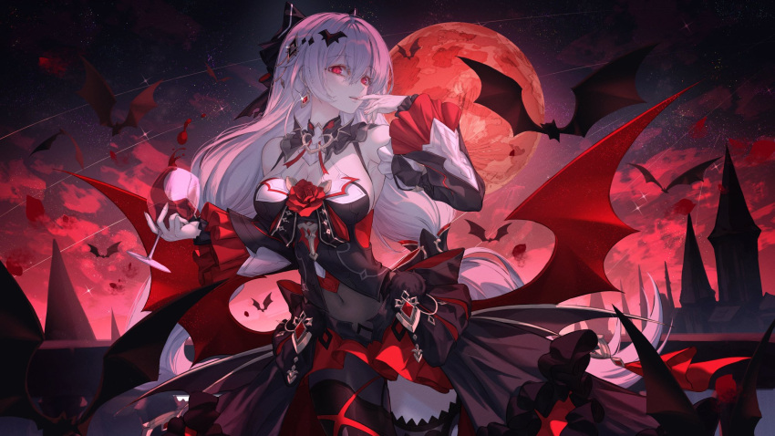 1girl, armpits, bare_shoulders, bat_(animal), bat_wings, black_dress, castle, cup