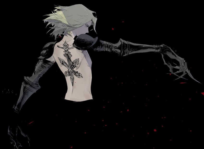 1boy, armor, back, back_tattoo, black_background, blonde_hair, claws, closed_mouth