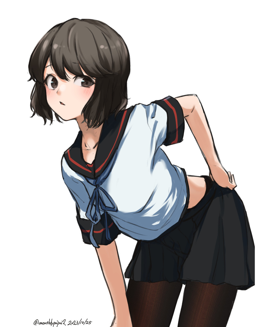 1girl, absurdres, black_hair, black_sailor_collar, black_skirt, blush, brown_eyes, dated