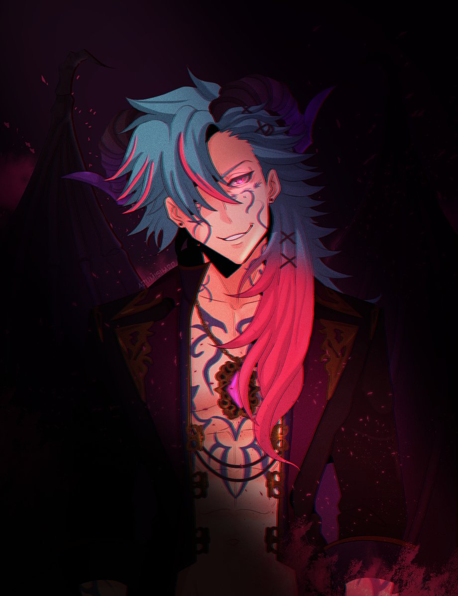 1boy, abs, azumishard, black_background, blue_hair, chest_jewel, chest_tattoo, coat