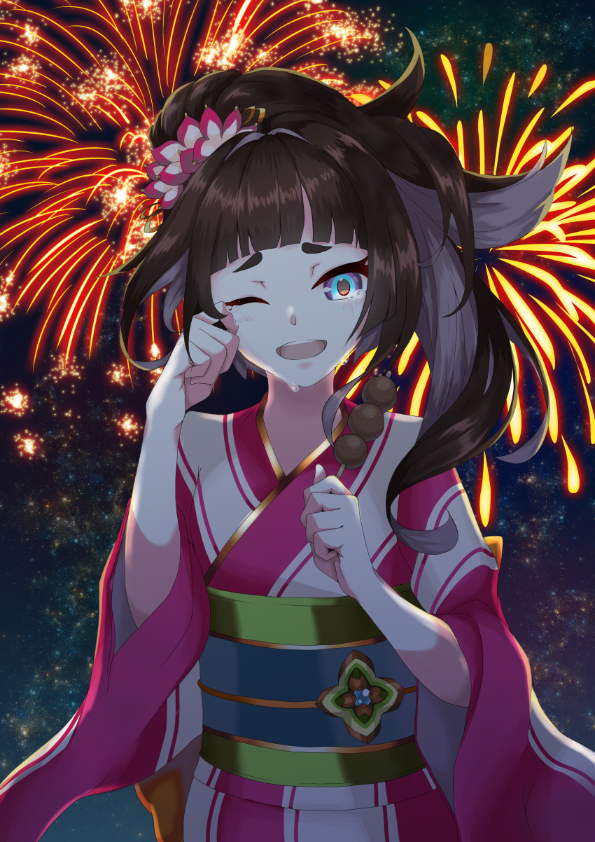 1girl, absurdres, black_hair, blue_eyes, crying, dango, fireworks, food, fu_u_zuki, fuuchingiri_mitsuyo, gradient_eyes, hair_ornament, happy_tears, high_ponytail, highres, holding, holding_skewer, japanese_clothes, kimono, looking_at_viewer, mitarashi_dango, multicolored_eyes, obi, official_alternate_costume, official_alternate_hairstyle, one_eye_closed, open_mouth, purple_kimono, raised_eyebrow, sash, skewer, smile, solo, tears, tenka_hyakken, violet_eyes, wagashi, wide_sleeves, yukata