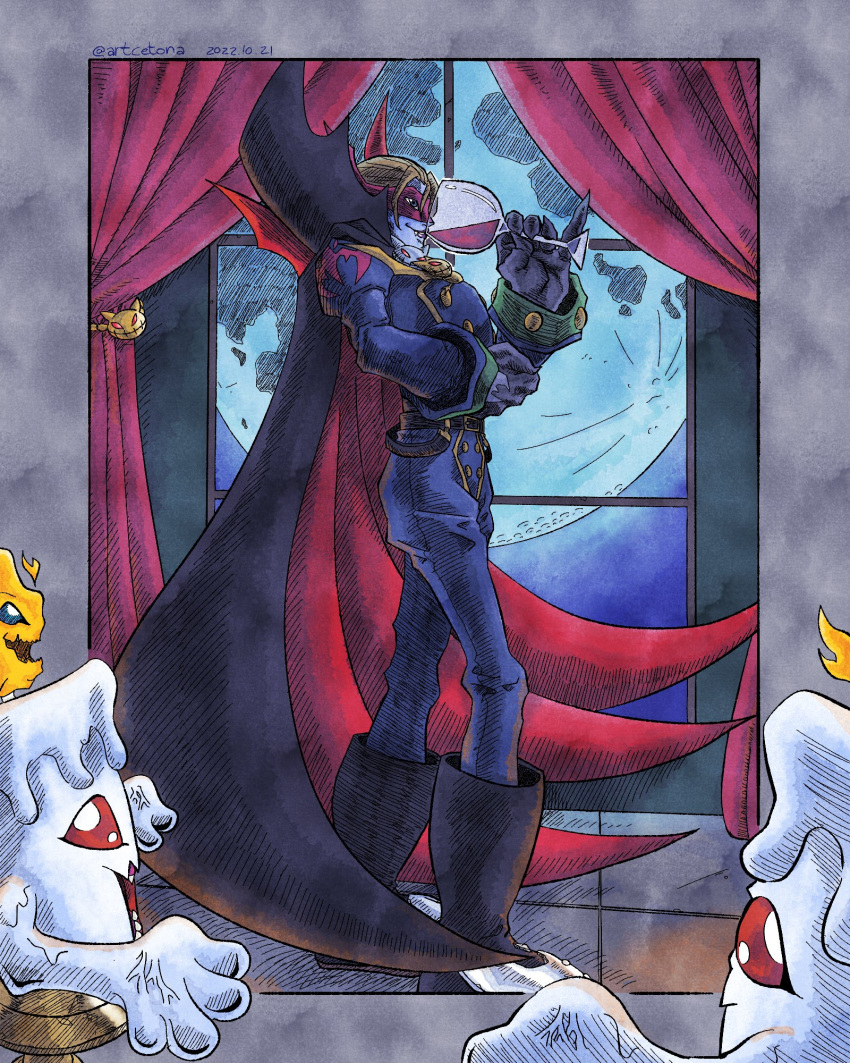 1boy, 2others, aristocratic_clothes, artcetona, black_cape, black_footwear, black_gloves, blonde_hair