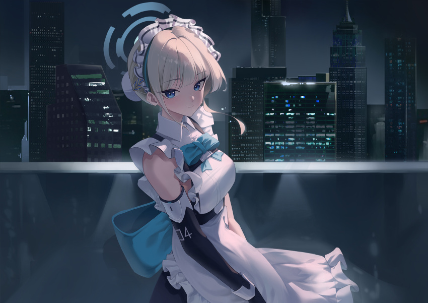 1girl, apron, blonde_hair, blue_archive, blue_bow, blue_bowtie, blue_eyes, blue_hair