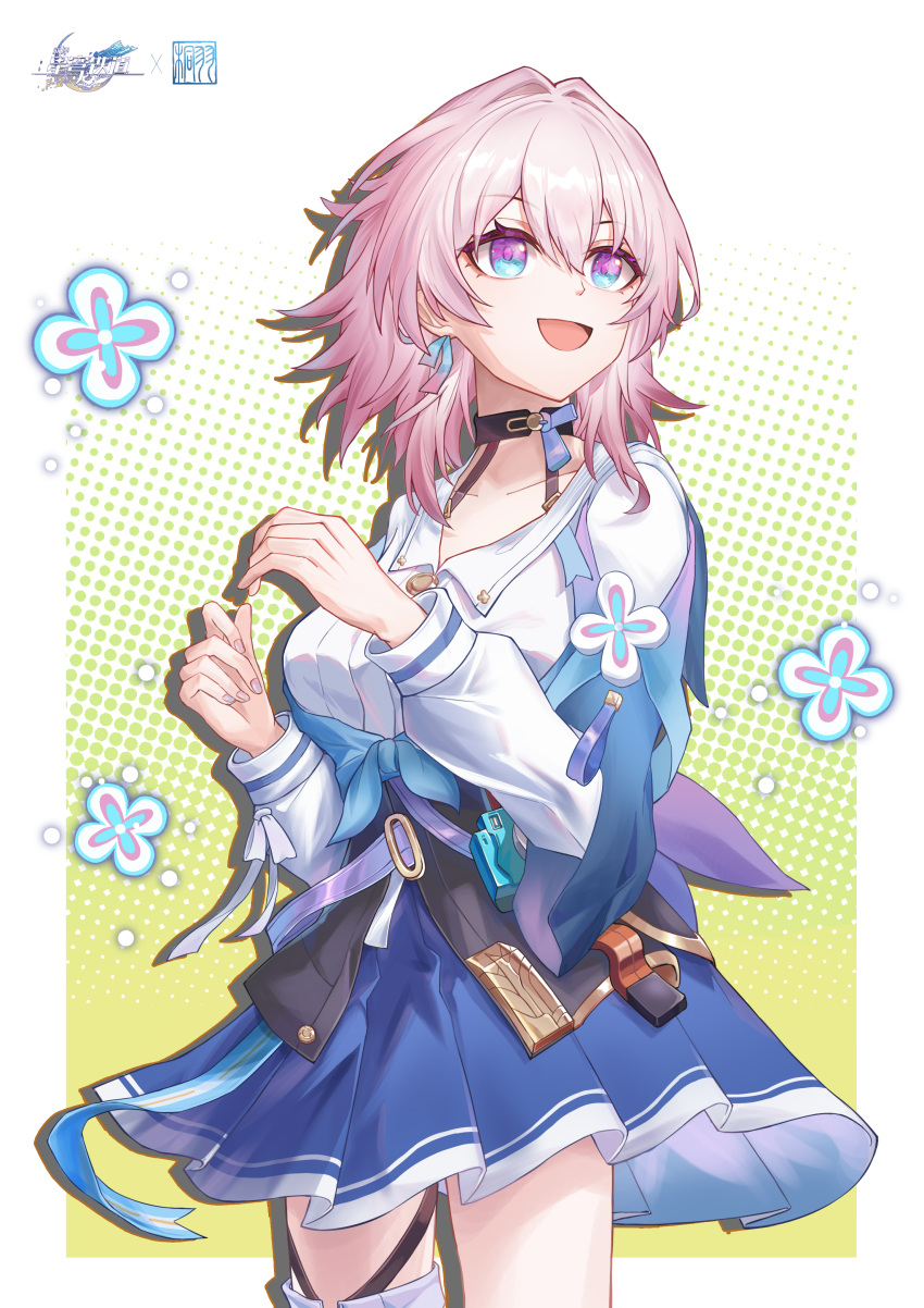 1girl, absurdres, black_choker, black_corset, blue_eyes, blue_jacket, blue_skirt, camera