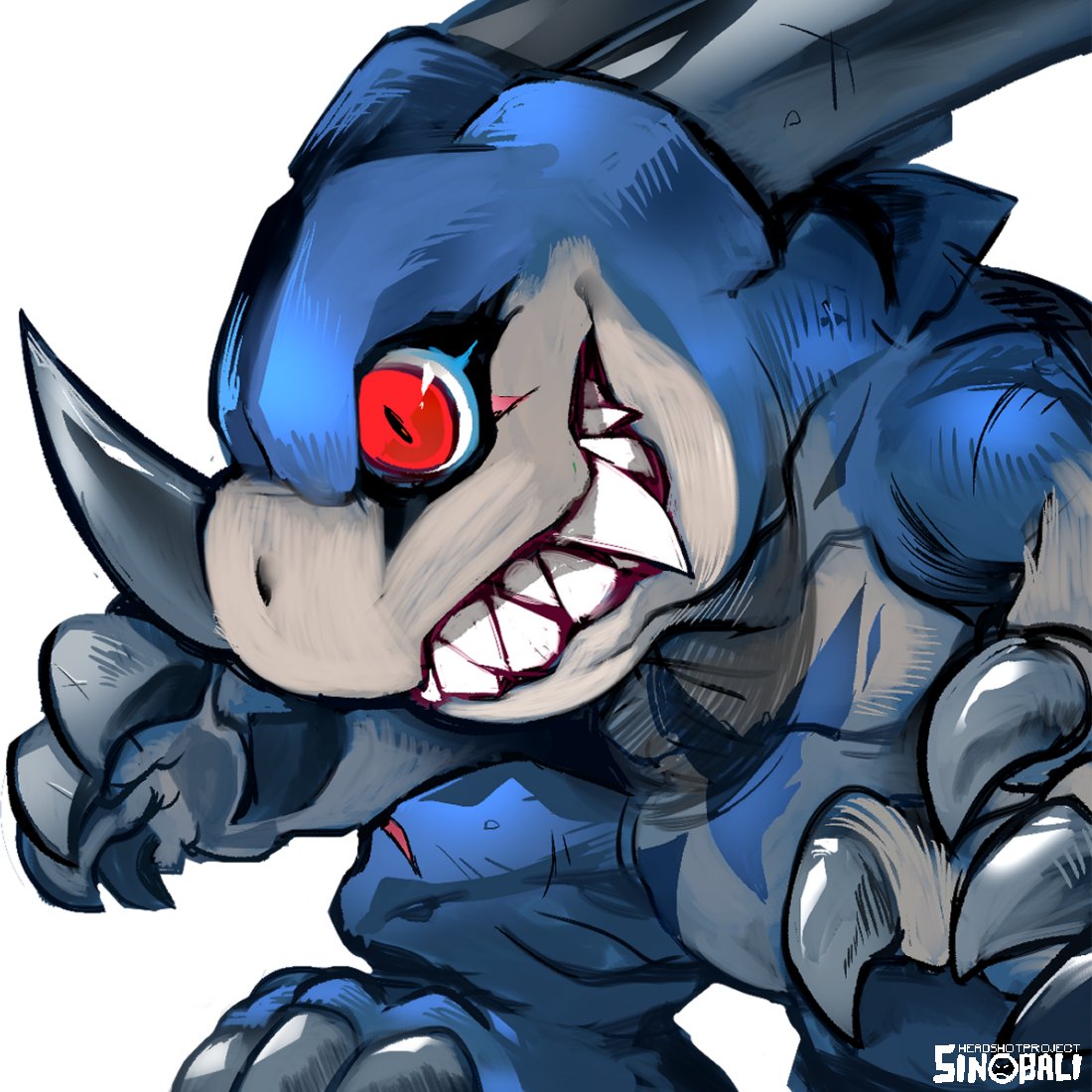 1other, artist_name, claws, digimon, digimon_(creature), from_side, horns, no_humans, red_eyes, sharp_teeth, simple_background, sinobali, smile, solo, teeth, v-dramon, watermark, white_background