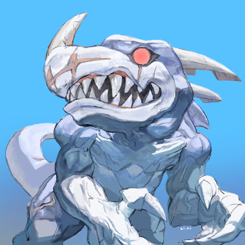 blue_background, claws, digimon, digimon_(creature), highres, horns, level-00, no_pupils