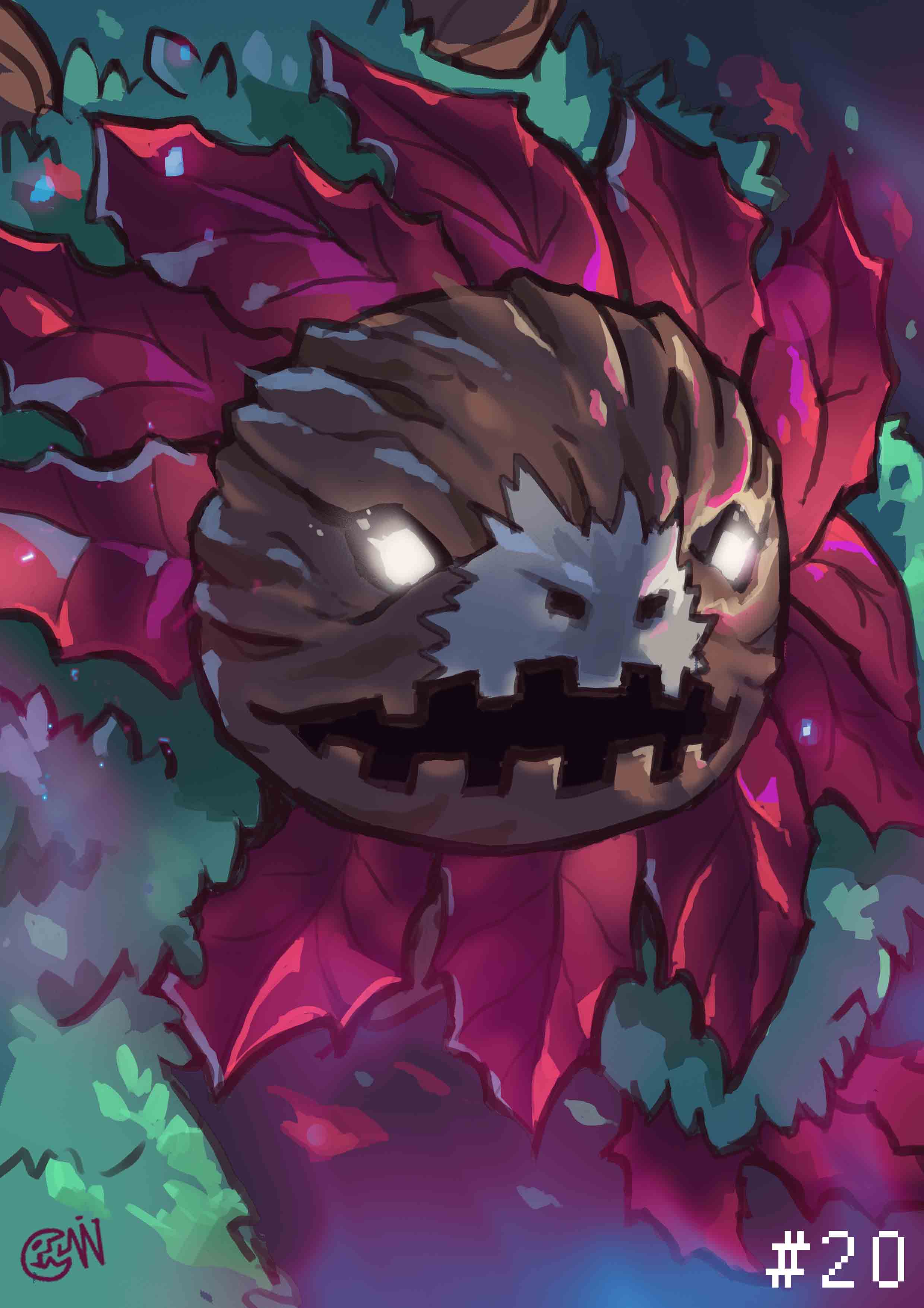 absurdres, cwdw, digimon, digimon_(creature), glowing, glowing_eyes, grass, highres, leaf, looking_at_viewer, no_humans, numbered, open_mouth, petaldramon, petals, plant_monster, red_petals, solo, watermark, wood