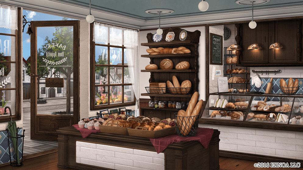baguette, bakery, basket, bell, book, bread, bungou_to_alchemist, cake, call_bell, closed_umbrella, cookie, counter, croissant, cupcake, curtains, day, display_case, doughnut, flower, food, hanging_light, house, indoors, jam, jar, loaf_of_bread, menu_board, no_humans, official_art, open_door, oven_mitts, pastry, pavement, pink_flower, plate, rolling_pin, sandwich, scenery, shelf, shop, tart_(food), town, transparent_curtains, umbrella, window, wooden_floor, yellow_flower