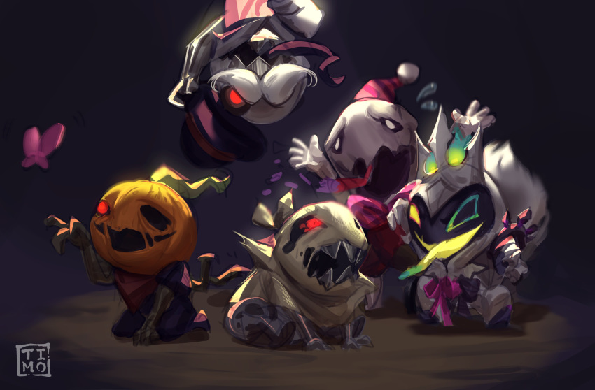 :d, absurdres, arms_up, artist_name, bug, butterfly, chibi, creature, crown, fiddlesticks, glowing, glowing_eye, hat, highres, league_of_legends, looking_at_viewer, open_mouth, party_hat, pumpkin, pumpkinhead_fiddlesticks, red_eyes, sharp_teeth, smile, star_nemesis_fiddlesticks, surprise_party_fiddlesticks, teeth, timo_(timotimo628), tongue, tongue_out, union_jack_fiddlesticks