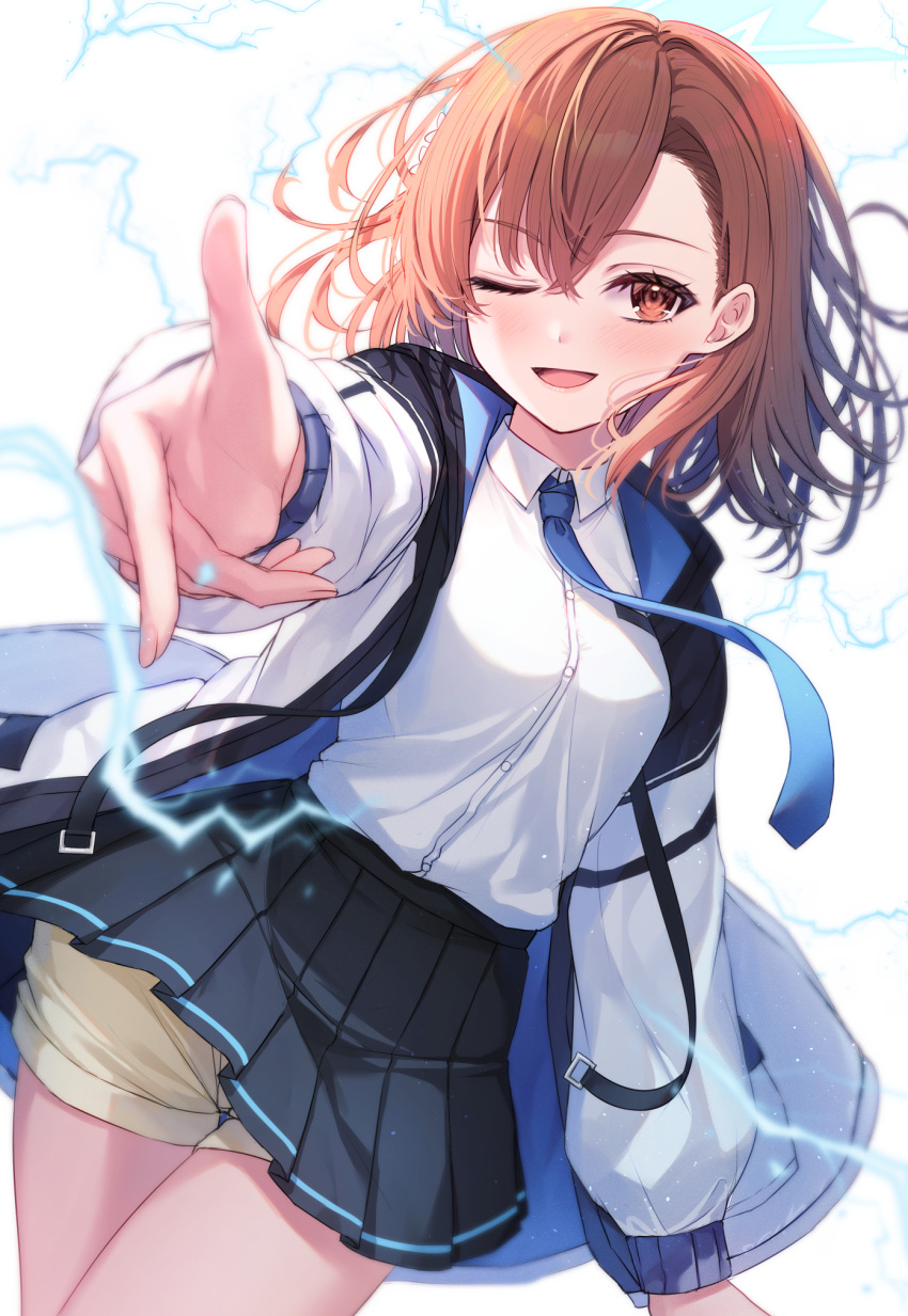 1girl, ;d, aris_(blue_archive), aris_(blue_archive)_(cosplay), black_jacket, blue_archive, blue_necktie, brown_eyes, brown_hair, brown_shorts, collared_shirt, commentary_request, cosplay, crossed_bangs, dutch_angle, electricity, hair_behind_ear, hair_between_eyes, halo, highres, jacket, long_sleeves, medium_hair, miniskirt, misaka_mikoto, multicolored_clothes, multicolored_jacket, necktie, one_eye_closed, open_clothes, open_jacket, outstretched_arm, pleated_skirt, primamiya, shirt, shirt_tucked_in, short_shorts, shorts, shorts_under_skirt, skirt, smile, solo, toaru_kagaku_no_railgun, toaru_majutsu_no_index, white_background, white_jacket, white_shirt