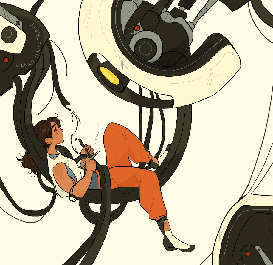 1girl, 1other, artist_name, black_eyes, camera, chell, elena_illustrate, eye_contact