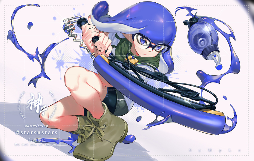 1boy, artist_name, blue_eyes, blue_hair, commentary, commission, green_footwear, highres
