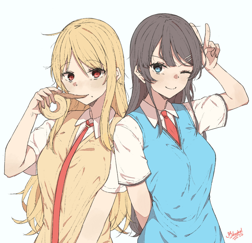 2girls, ;), absurdres, arm_behind_back, ascii_media_works, black_hair, blonde_hair, blue_eyes