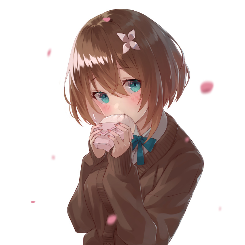 1girl, absurdres, aogiri_koukou, baozi, blue_bow, blue_bowtie, blue_eyes, blush