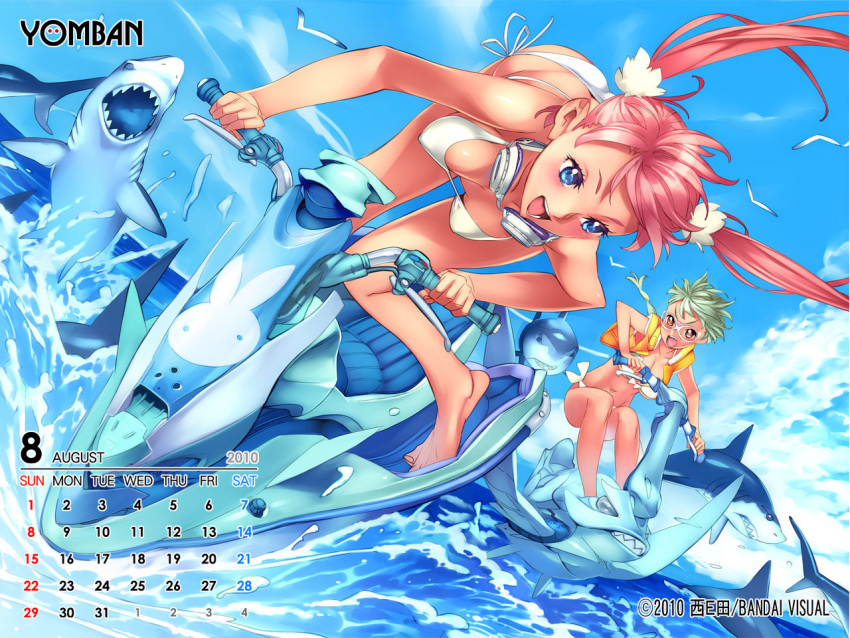 2girls, barefoot, bikini, bird, braid, calendar, feet, glasses