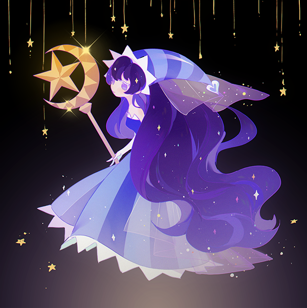 1girl, bare_shoulders, black_background, blue_dress, blue_headwear, colored_eyelashes, cookie_run, crescent