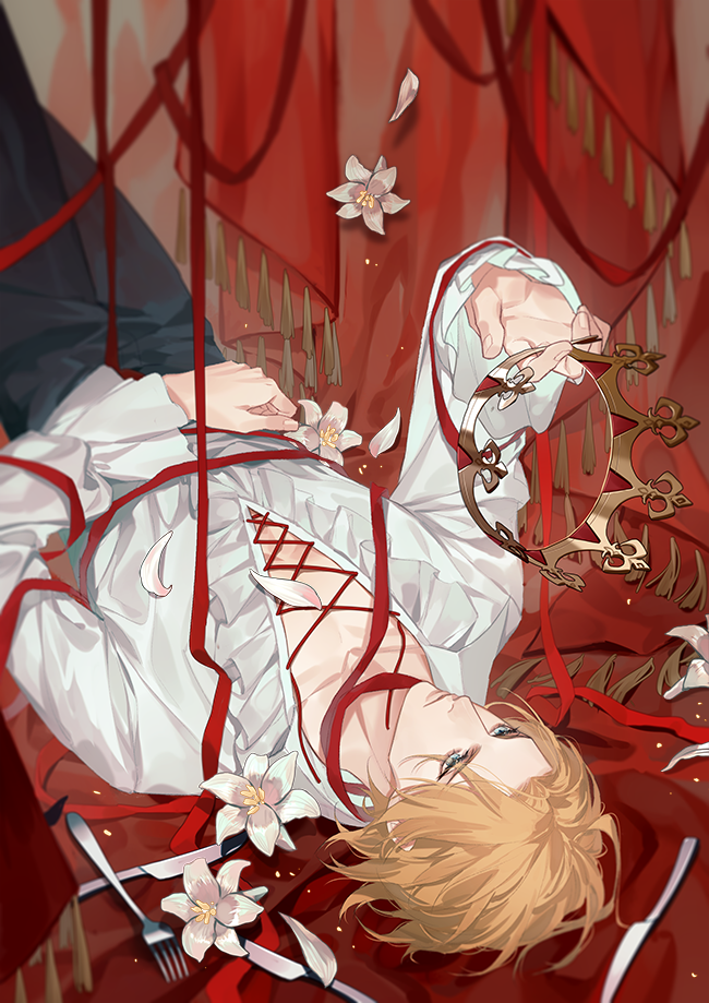 1boy, black_pants, blonde_hair, blue_eyes, closed_mouth, cross-laced_clothes, crown, curtains