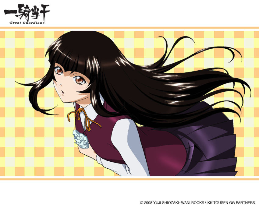 :o, brown_eyes, brown_hair, ikkitousen, long_hair, school_uniform, skirt, ten'i_shiman