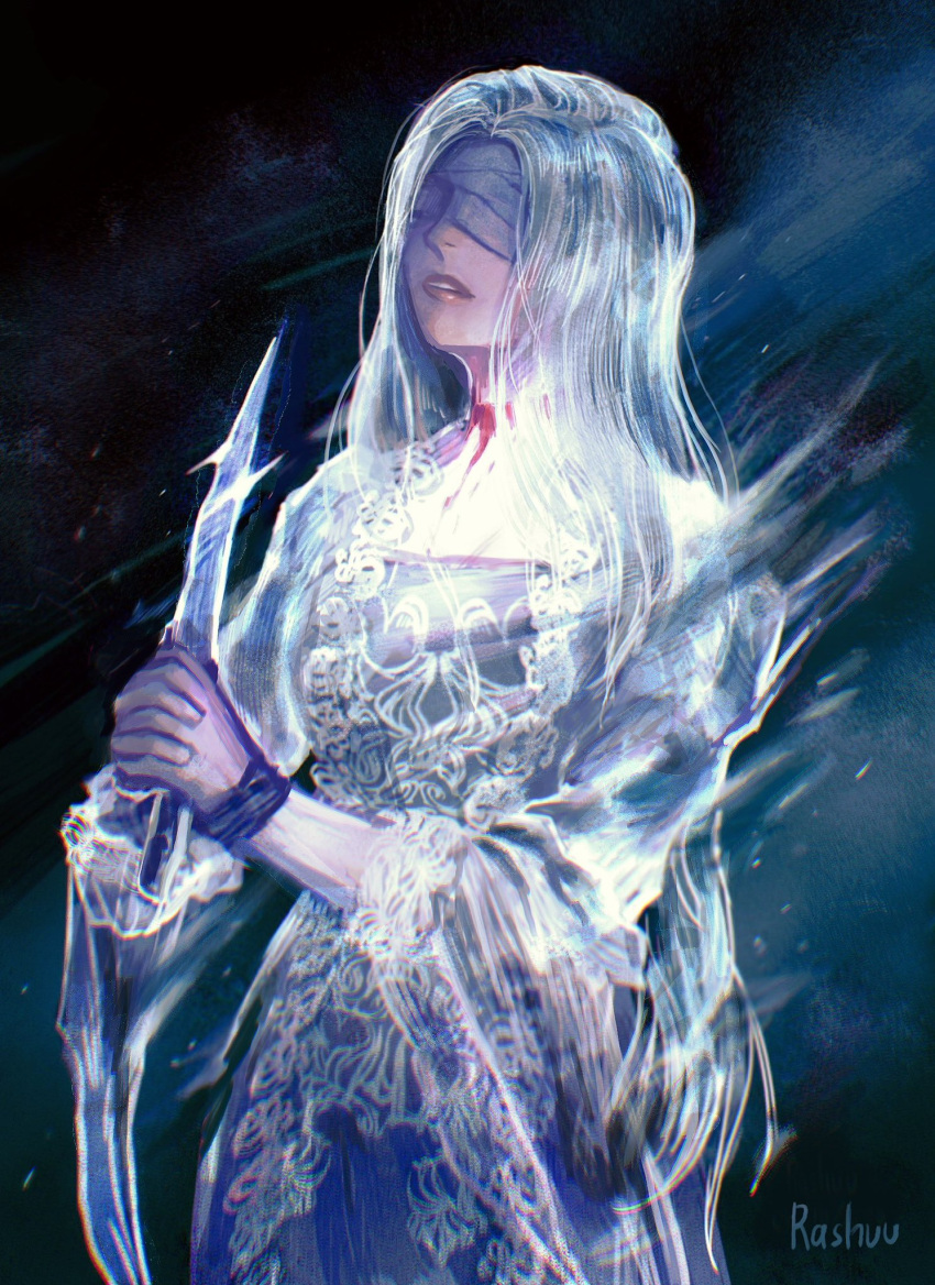 1girl, artist_name, black_background, blindfold, bloodborne, blue_background, bracelet, dress, grey_dress, grey_hair, highres, holding, holding_knife, jewelry, knife, long_hair, long_sleeves, multicolored_background, puffy_sleeves, rashuu, silver_lady_(bloodborne), solo, teeth