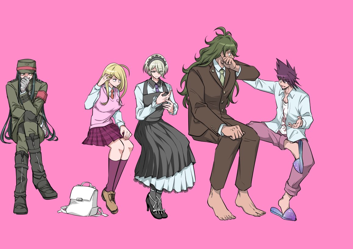 2girls, 3boys, ahoge, akamatsu_kaede, bag, bandaged_hand, bandages, barefoot