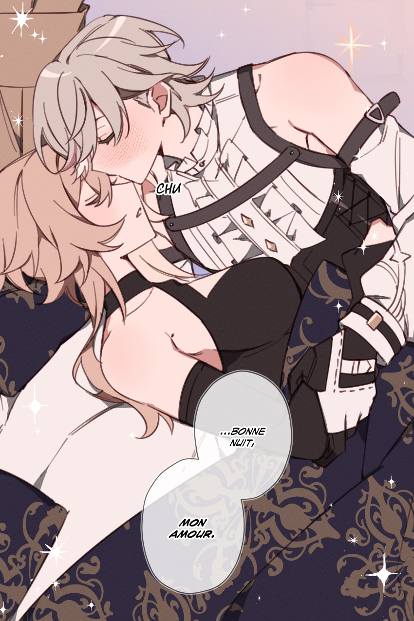 1boy, 1girl, absurdres, bed, black_gloves, blonde_hair, couple, french_text, genshin_impact, gloves, grey_hair, hetero, highres, kiss, kissing_forehead, lumine_(genshin_impact), lyney_(genshin_impact), majunjuu, on_bed, shirt, short_hair, sleeping, sleeveless, sparkle, white_shirt