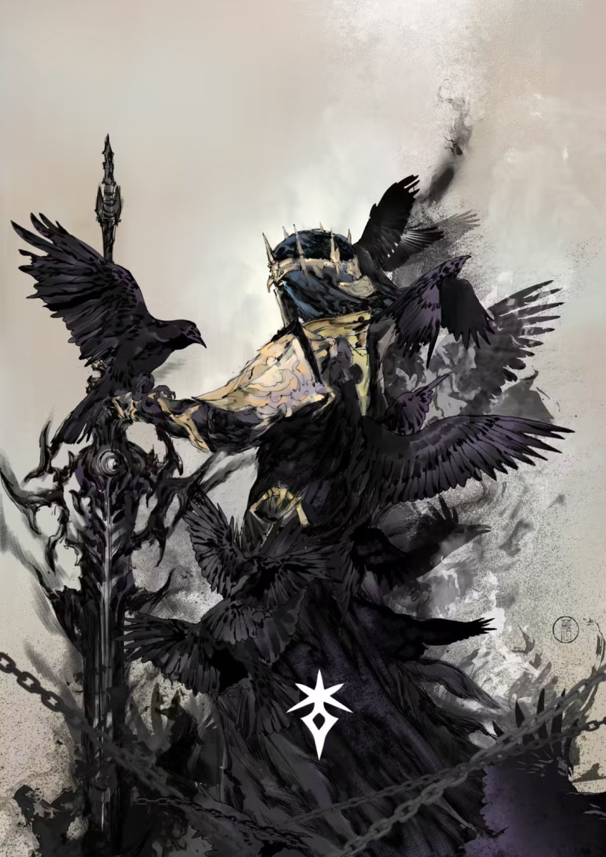 1boy, animal_on_arm, animal_on_head, armor, bird, bird_on_arm, bird_on_head, black_robe, brown_background, chain, chinese_commentary, commentary_request, covered_mouth, cowboy_shot, crow, dark_knight_(final_fantasy), final_fantasy, final_fantasy_xiv, flock, fray_myste, highres, male_focus, on_head, painterly, pauldrons, robe, ruoyi120, shoulder_armor, solo, standing, sword, weapon, yellow_eyes