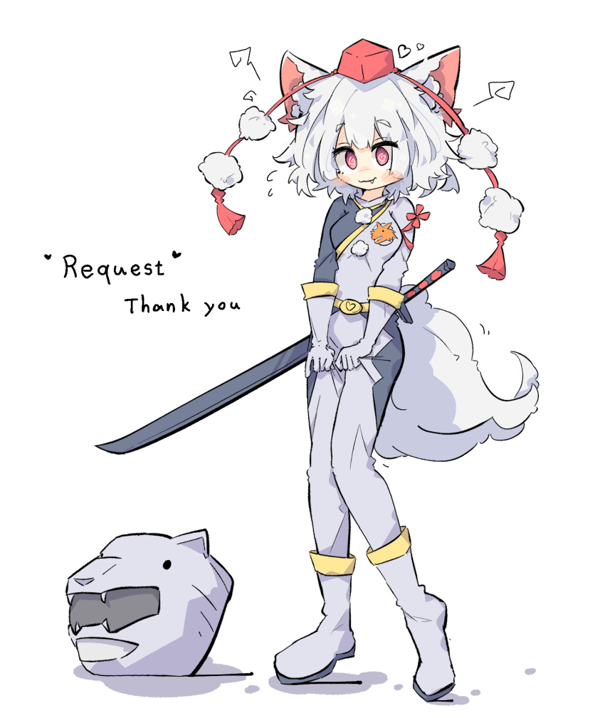 1girl, :3, @_@, alternate_costume, animal_ears, arms_at_sides, blush, bodysuit, boots, breasts, closed_mouth, commentary_request, commission, cosplay, english_text, fang, full_body, gao_silver, gao_silver_(cosplay), gloves, green_bodysuit, green_footwear, green_gloves, grey_bodysuit, grey_footwear, grey_gloves, hat, heart, helmet, highres, holding, holding_clothes, hyakujuu_sentai_gaoranger, inubashiri_momiji, looking_at_viewer, medium_breasts, multicolored_bodysuit, multicolored_clothes, multicolored_footwear, multicolored_gloves, pixiv_commission, primsla, red_eyes, short_hair, simple_background, skin_tight, smile, solo, standing, super_sentai, sword, tail, tassel, touhou, unworn_headwear, unworn_helmet, weapon, white_background, white_hair, wolf_ears, wolf_girl, wolf_tail