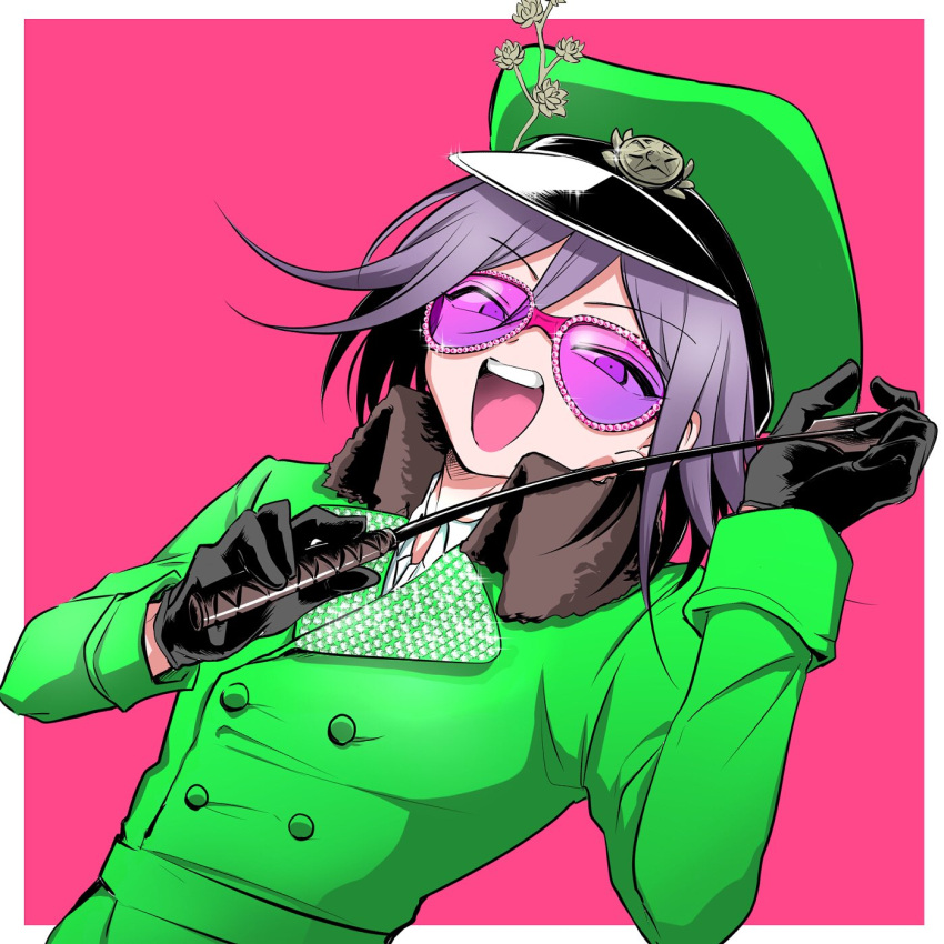 1boy, :d, alternate_costume, black_gloves, collared_shirt, danganronpa_(series), danganronpa_v3:_killing_harmony, dutch_angle