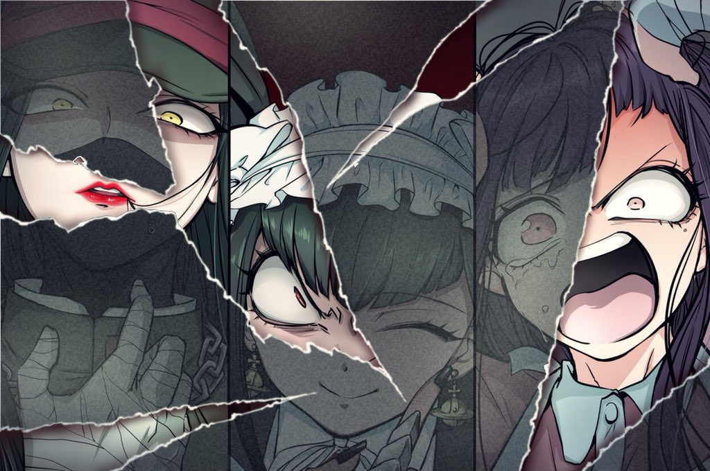 1boy, 2girls, angry, bandaged_hand, bandages, black_hair, celestia_ludenberg, closed_eyes