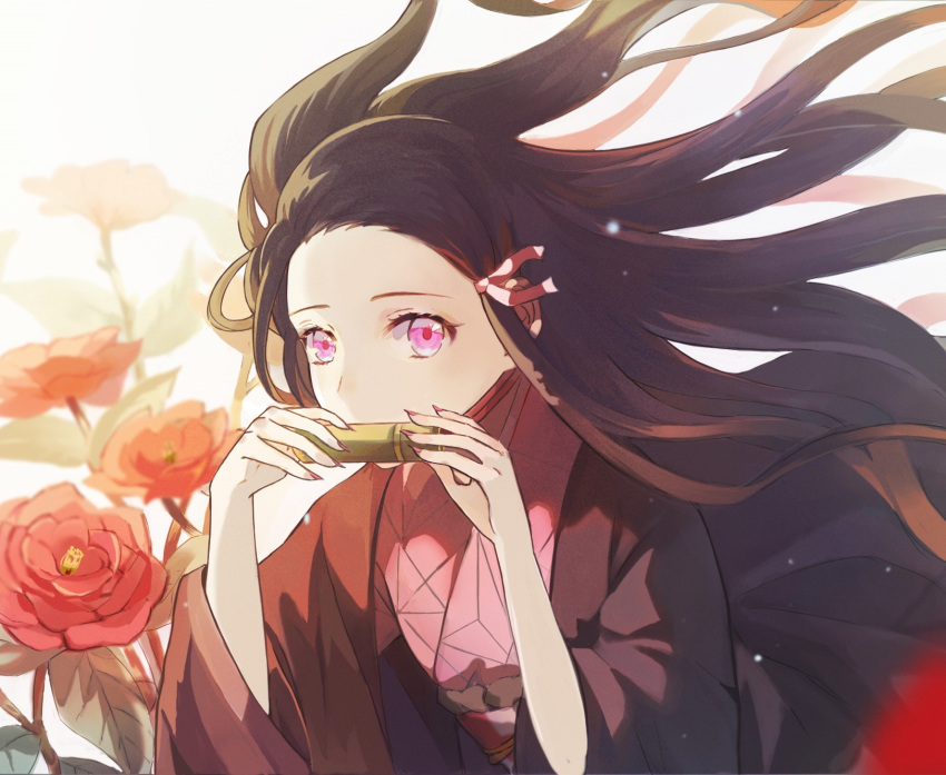 1girl, bamboo, bit_gag, black_hair, flower, forehead, gag, hair_ribbon