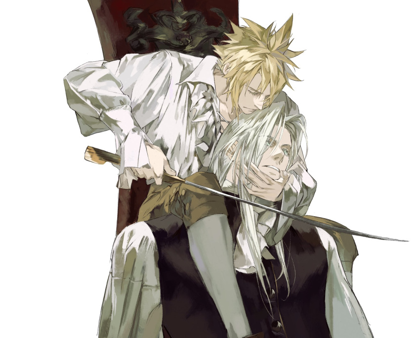 2boys, alternate_costume, black_vest, blonde_hair, blue_eyes, brown_shorts, buttons, chair