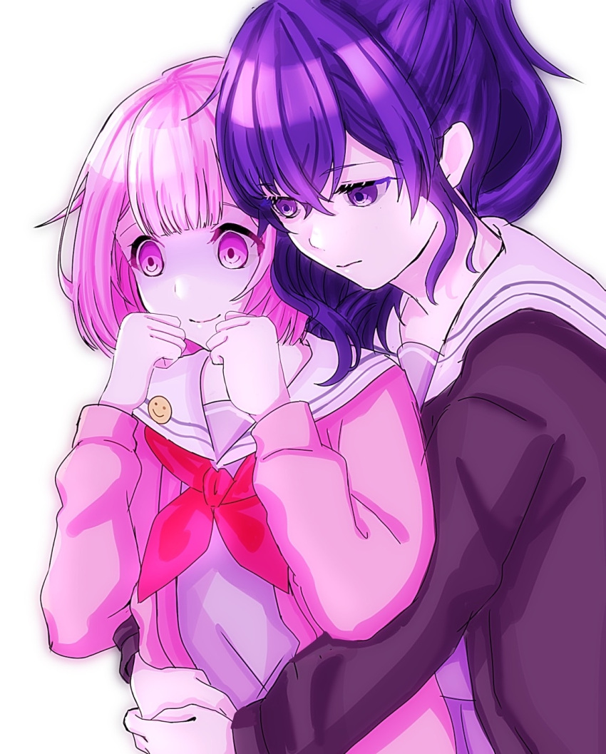2girls, asahina_mafuyu, badge, black_jacket, blunt_bangs, button_badge, clenched_hands, closed_mouth