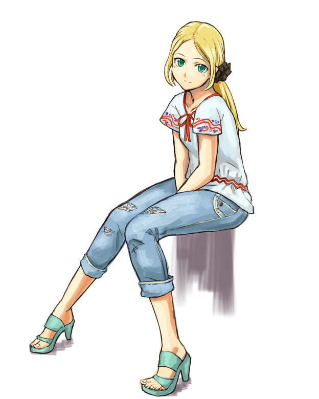 blonde_hair, green_eyes, high_heels, jeans, leg_cutout, original, ponytail, ripped_jeans, sandals, scrunchie, shiba_murashouji, shoes, sitting, solo, torn_clothes